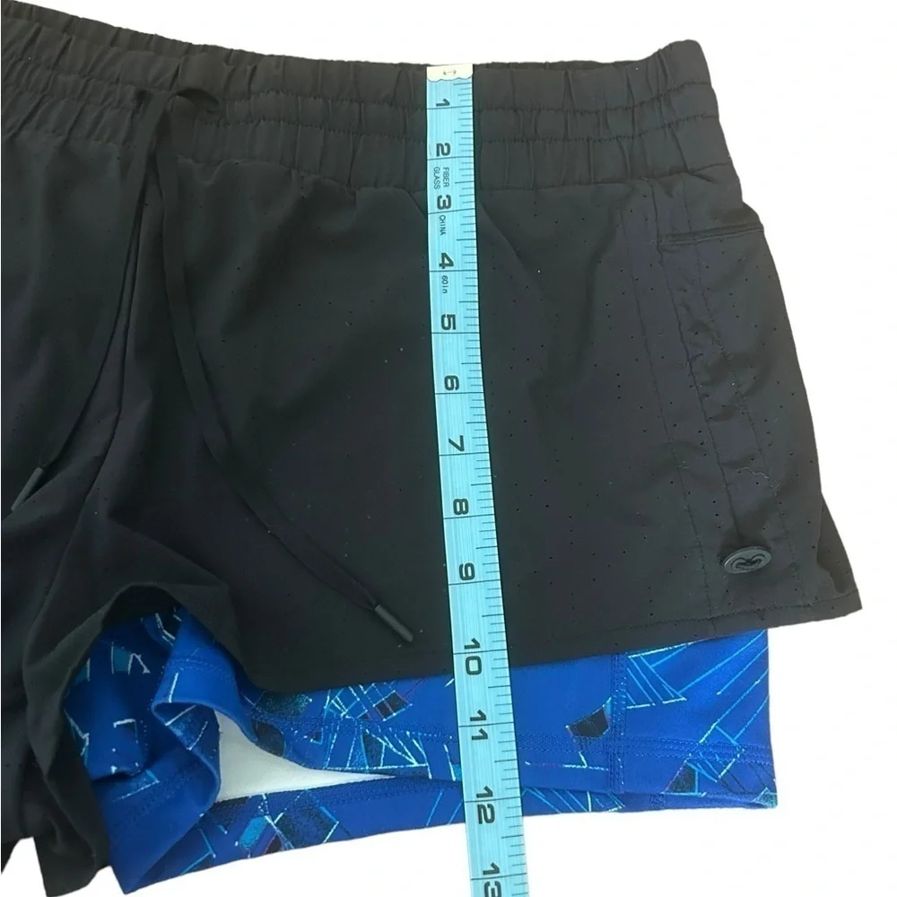 Zella 2 in 1 Layered Black with Blue Print Compression Athletic Shorts Size XL